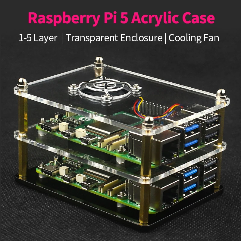 Raspberry Pi 5 Acrylic Case 1-5 Layer Transparent Enclosure PWN Cooling Fan Stac