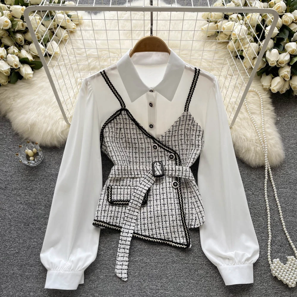 SINGREINY Splice Long Sleeve Women Shirt Belt Button Knit Plaid Casual Elegant Chiffon Office Lady Autumn Slim Blouse - AliExpress