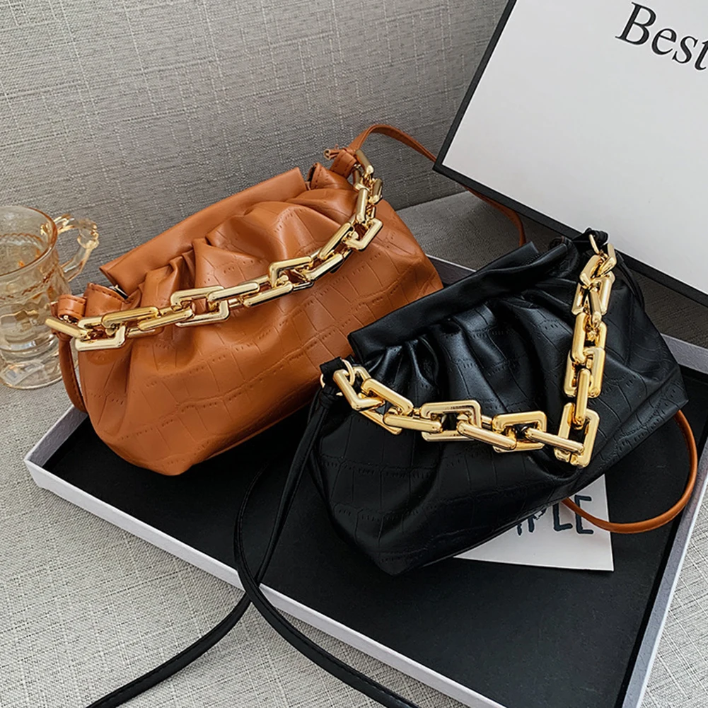 Fashionable Crinkled Design Solid Color Thick Chain Crossbody Bag