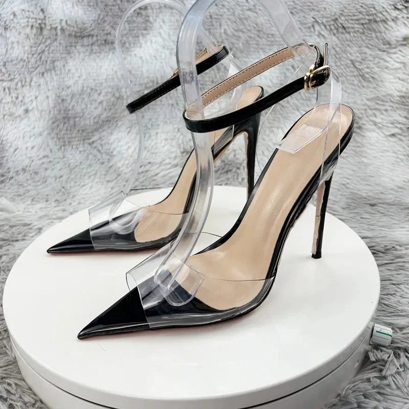 

Transparent PVC ankle buckle strap 6cm 8cm 10cm 12cm high thin heels open pointed toe plus size brand ladies shoes LX026
