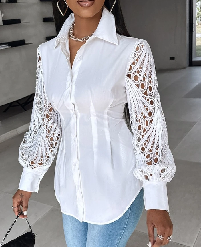 European and American women's clothing 2024 summer new women's casual Letter Print lantern sleeve button down shirt