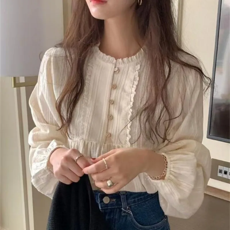 Deeptown White Youthful Women's Blouses Korean Fashion Long Sleeve Shirts Female Vintage Chic Sweet Spring Clothes Old Money