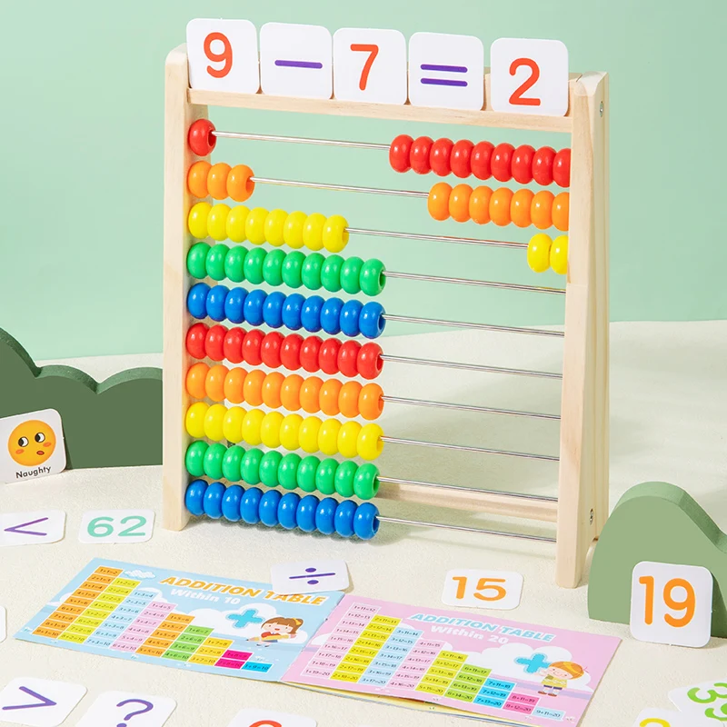 Educational Toys Wooden Math 10-Row Counting 100 Beads With Counting Sticks Number Alphabet Card Preschool Learning