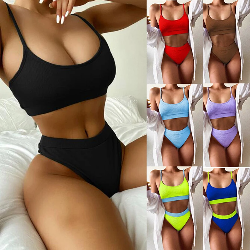 pink bikini set Ribbing Two-piece Suits 2022 Sexy Bikini Set High Waist Pleated Wavy Neon Swimsuit Women Bandage Swimwear Push Up Bathing Suit brown bikini set