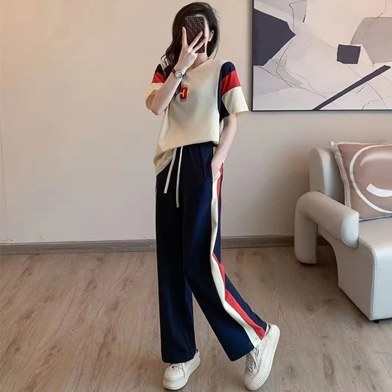 Women's Sets Short Sleeve T-shirt+Wide Leg Pants 2Pcs Suit Loose Sports Outfit Summer Fashion Streetwear Female Casual Tracksuit