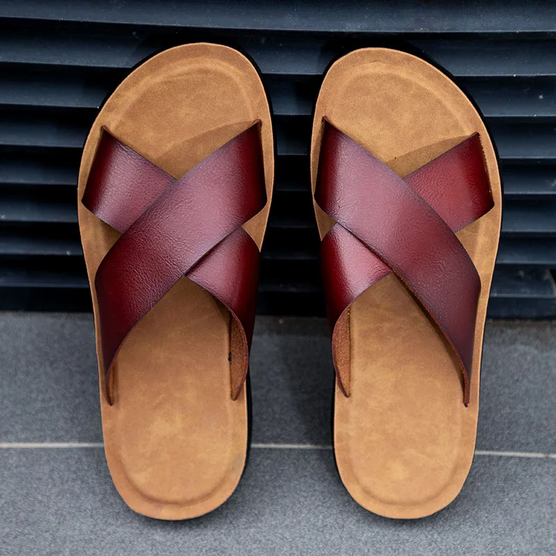 Slippers - Leather Slippers Men Summer Casual Slides Palm Italian