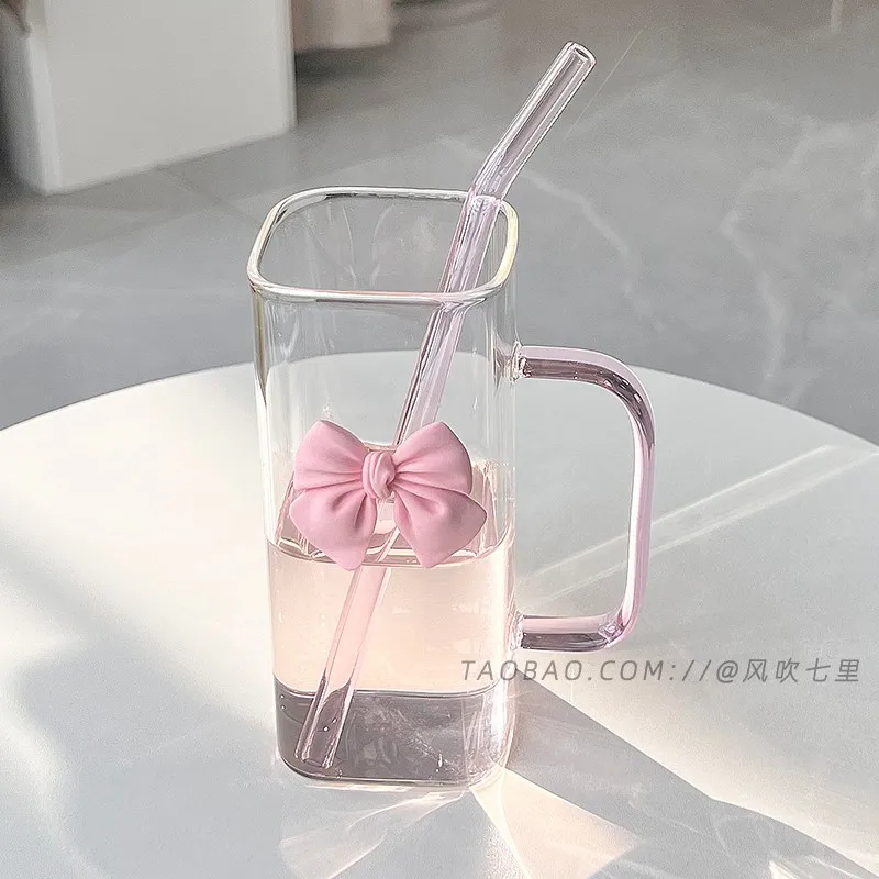 

Transparent and simple square water cup female ins wind belt handle glass straw cup high temperature resistant coffee milk cup