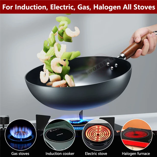 34cm Cast Iron Wok With Round Bottom - Pre-Seasoned, Traditional Chinese Stir Fry Pan For All Stovetops