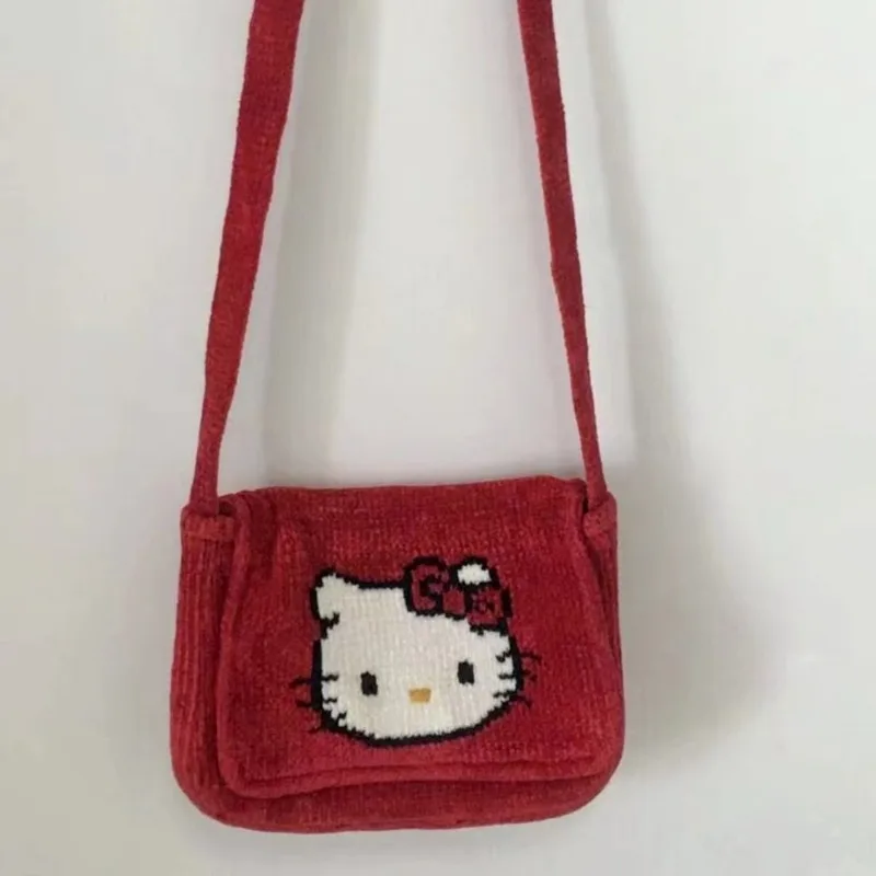 MBTI Hello Kitty Womens Shoulder Bag Corduroy Vintage Red Cartoon Embroidery Crossbody Bag Casual Cute Fashion Female Handbag