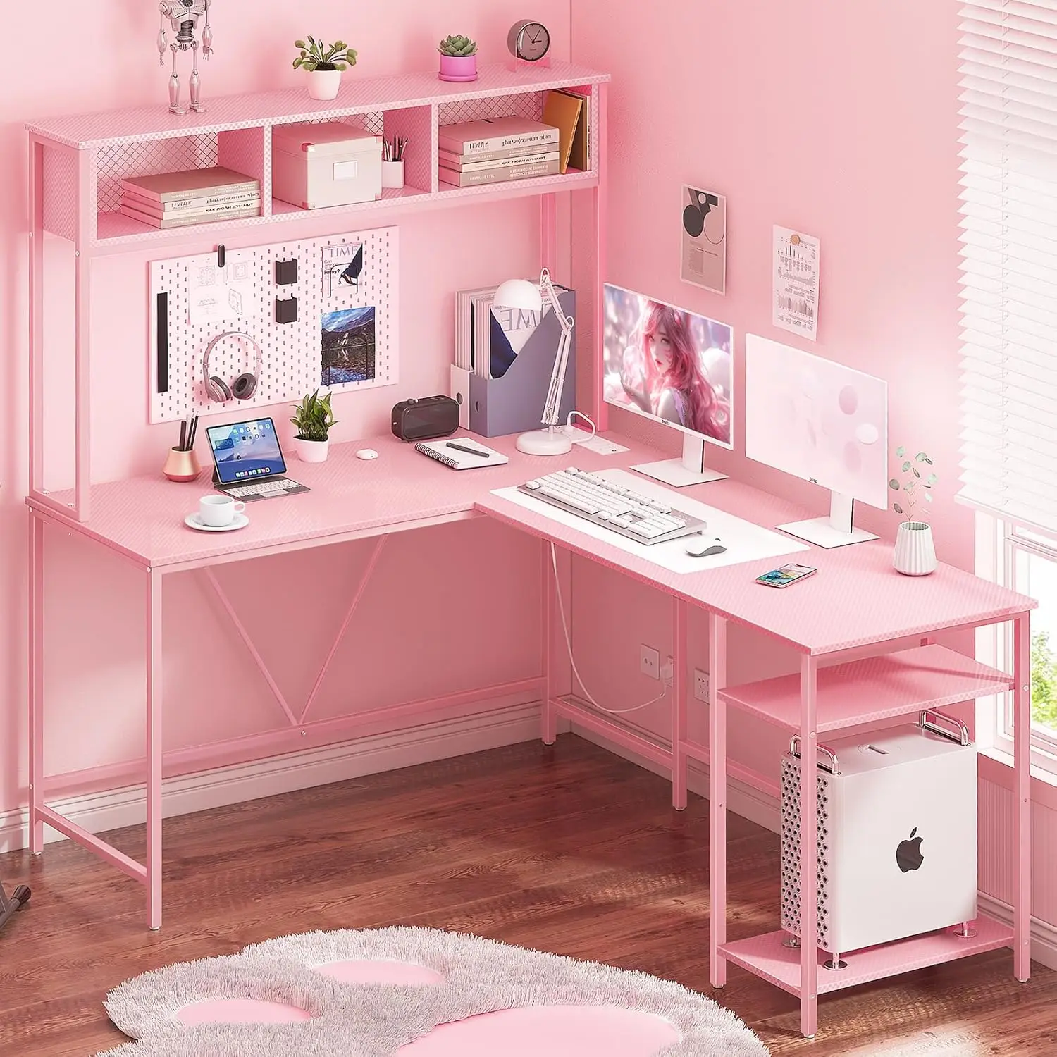 L Shaped Desk Gaming Desk with LED Strip & Power Outlet, Reversible L-Shaped Computer Desk, Corner Desk with Storage Shelf 2