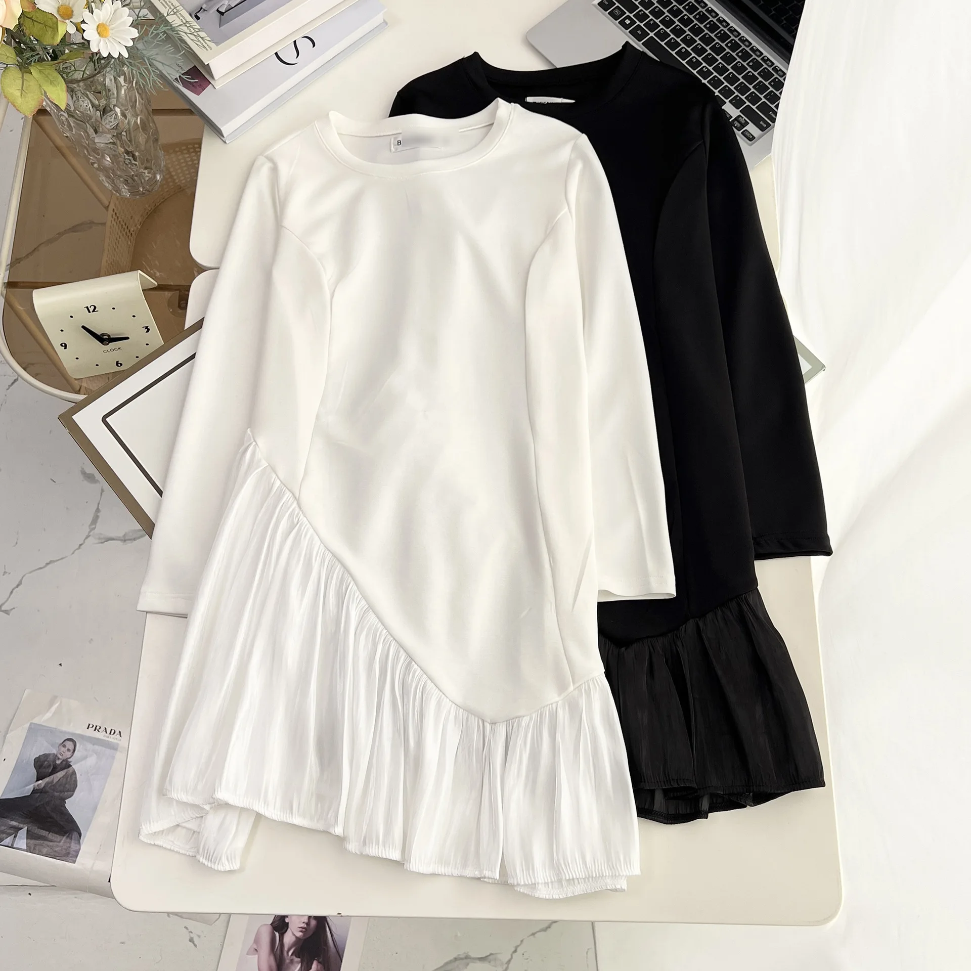 XXXXL Fashion Plus Size Women's Dresses Autumn Long Sleeved Modal Patchwork Satin Bottom Layer Dress