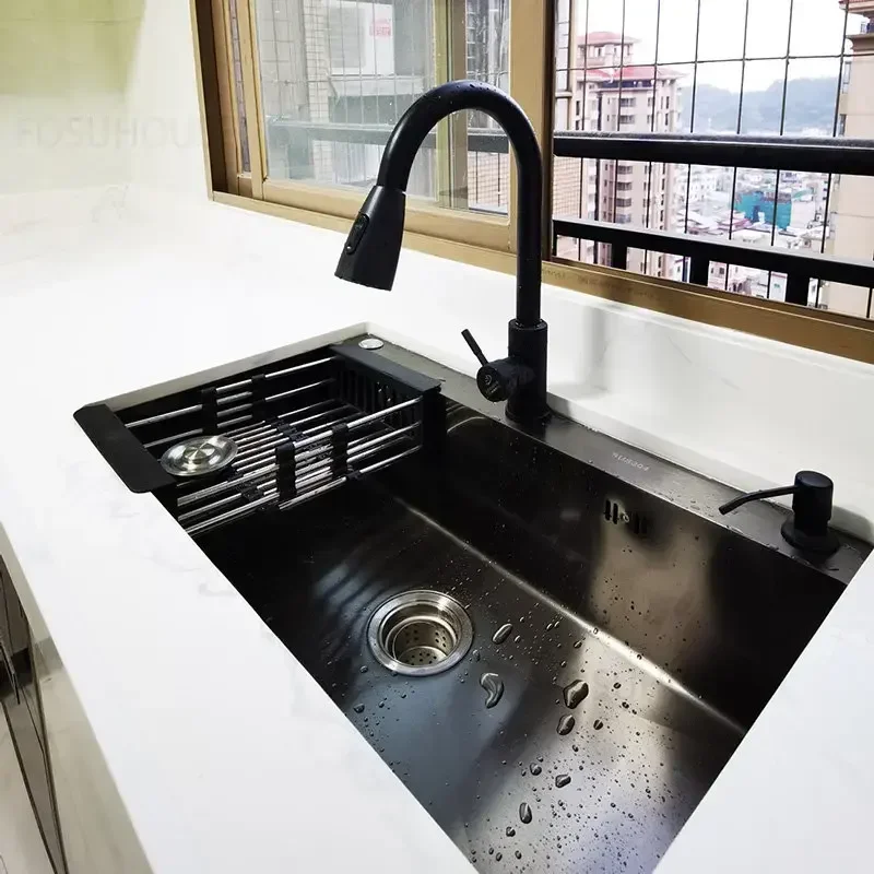Stainless Steel Kitchen Sinks Kitchen Accessories Black Nano Large Single-slot Wash Basin Under Countertop Thicken Washing Sink 6