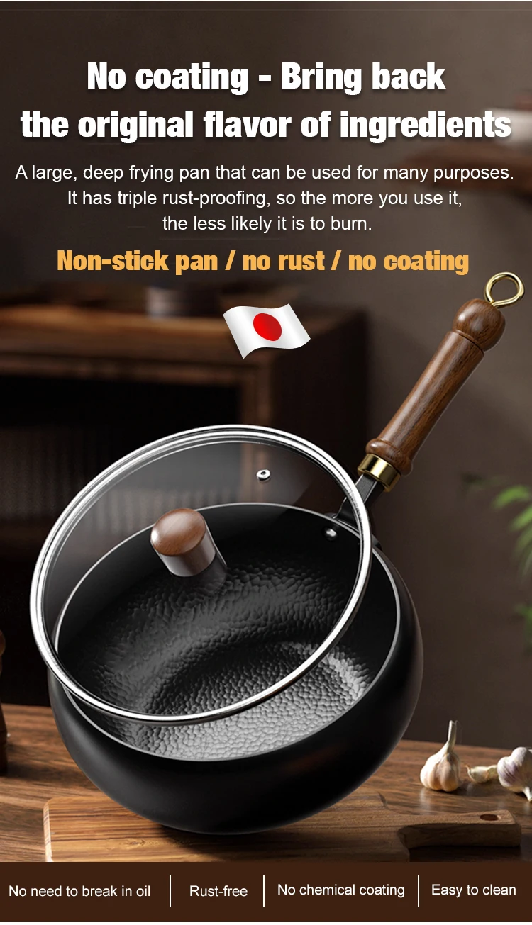 Wok professionnel antiadhésif à manivelle et fond plat pour une cuisson uniforme.