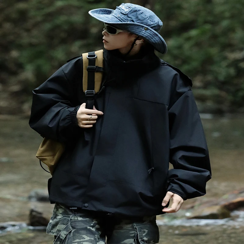 Spring Trendy Men's Casual Jacket Side Pockets Windproof Patchwork Windbreaker Outdoor Comfy Sport Coat Zip