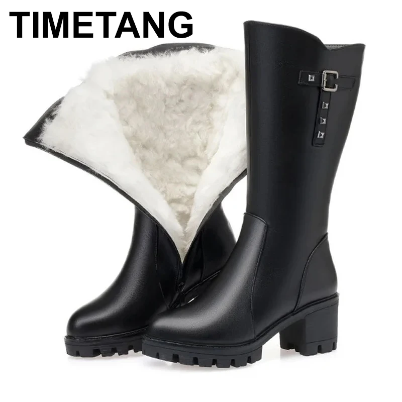 

Winter Women Fur Boots High Heel Round Toe Wool Warm Mid Calf Boots Botas Femininas Women Cotton Shoes Big Size 41 42 43