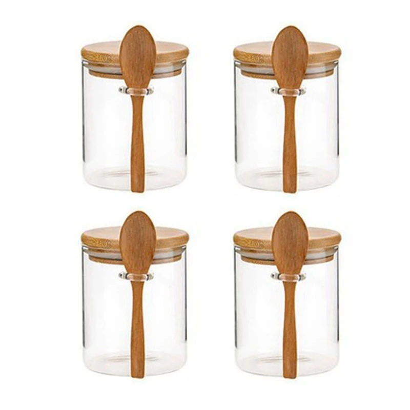 

Promotion! 4Pcs Sugar Bowl With Bamboo Lid And Spoon Clear Glass Canister Jar For Kitchen Storag