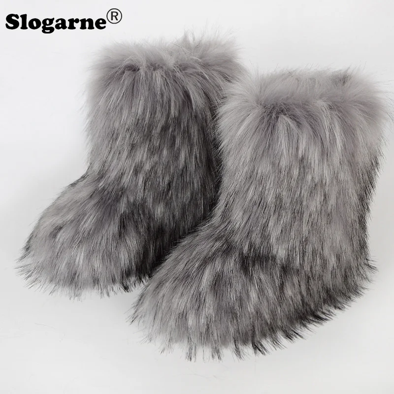 

2024 Fluffy Faux Fur Boots Women Raccoon Fur Snow Boots Luxury Plush Warm Shoes Girls Furry Fox Fur Bottes Platform Winter Shoes