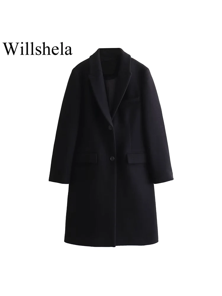

Willshela Women Fashion With Pockets Black Single Breasted Trench Coats Vintage Lapel Neck Long Sleeves Female Chic Lady Outfits