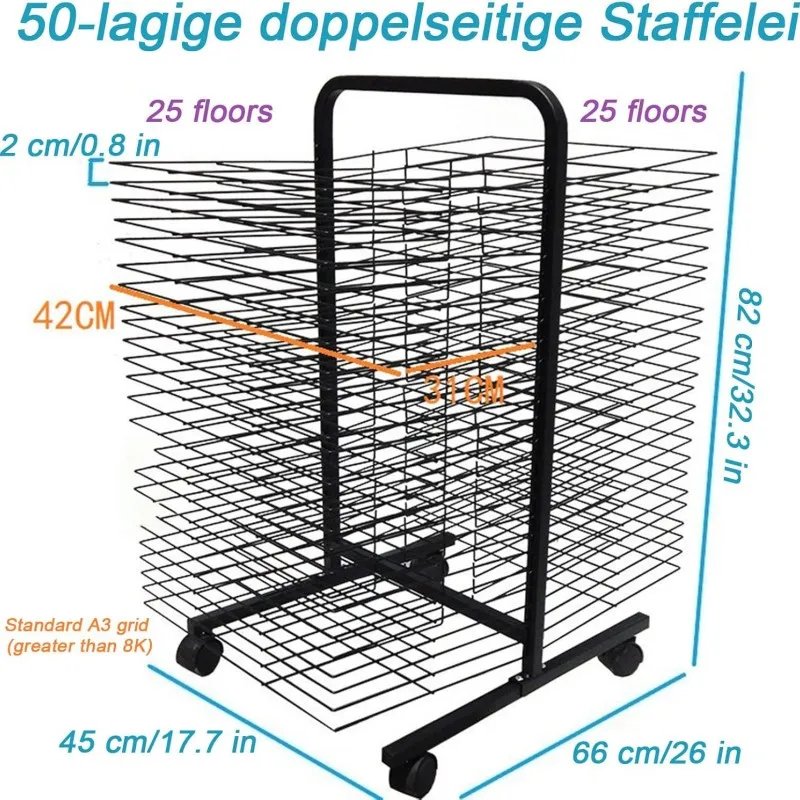 50 Floors Art Storage Organizer Double Sided Mobile Art Canvas Organizer with Wheels Art Rack for Painting Craft Artwork Storage