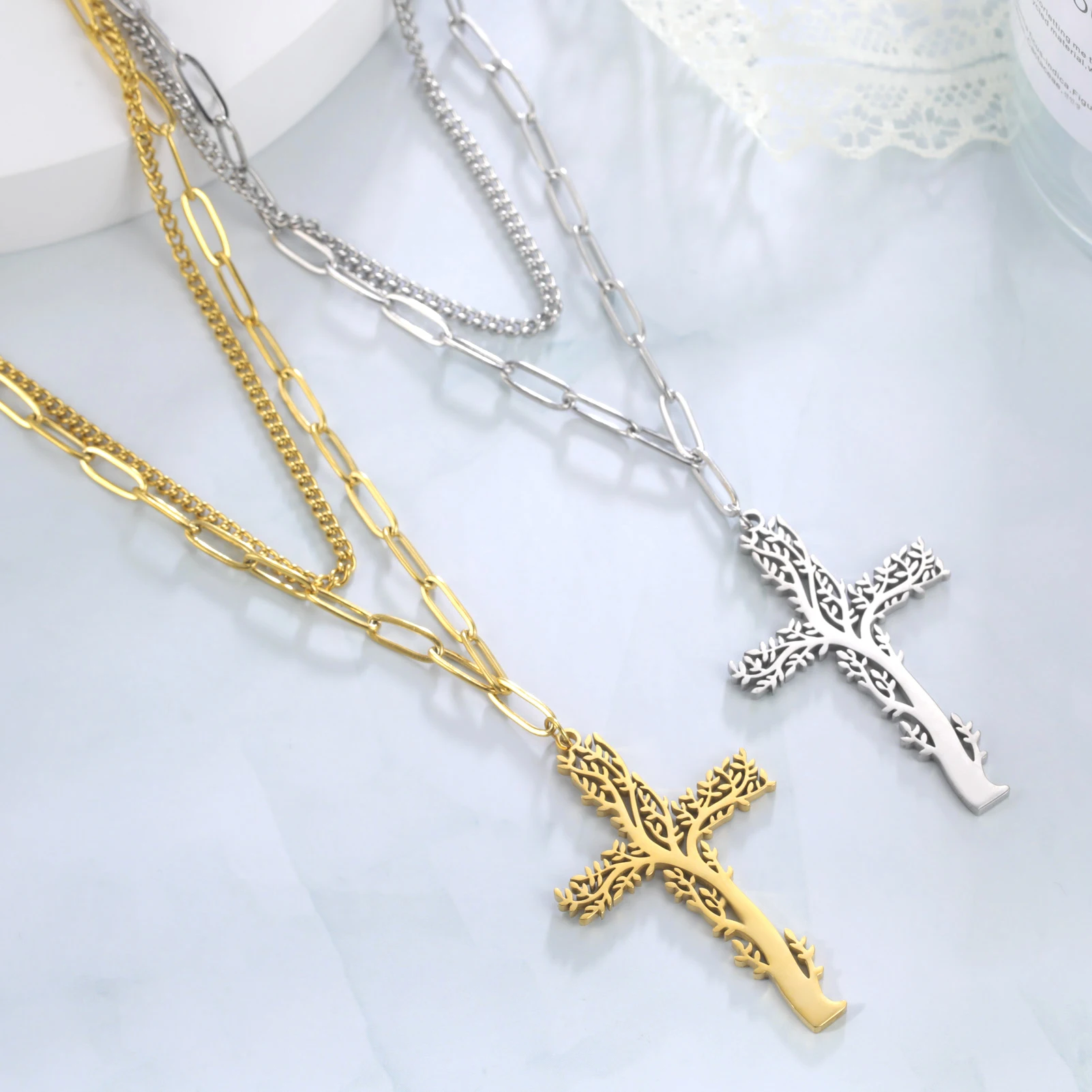 Collier Croix Chunky Plaqué Or 14K Pour Femme - Bijou Déclaration à Fermoir Lobster