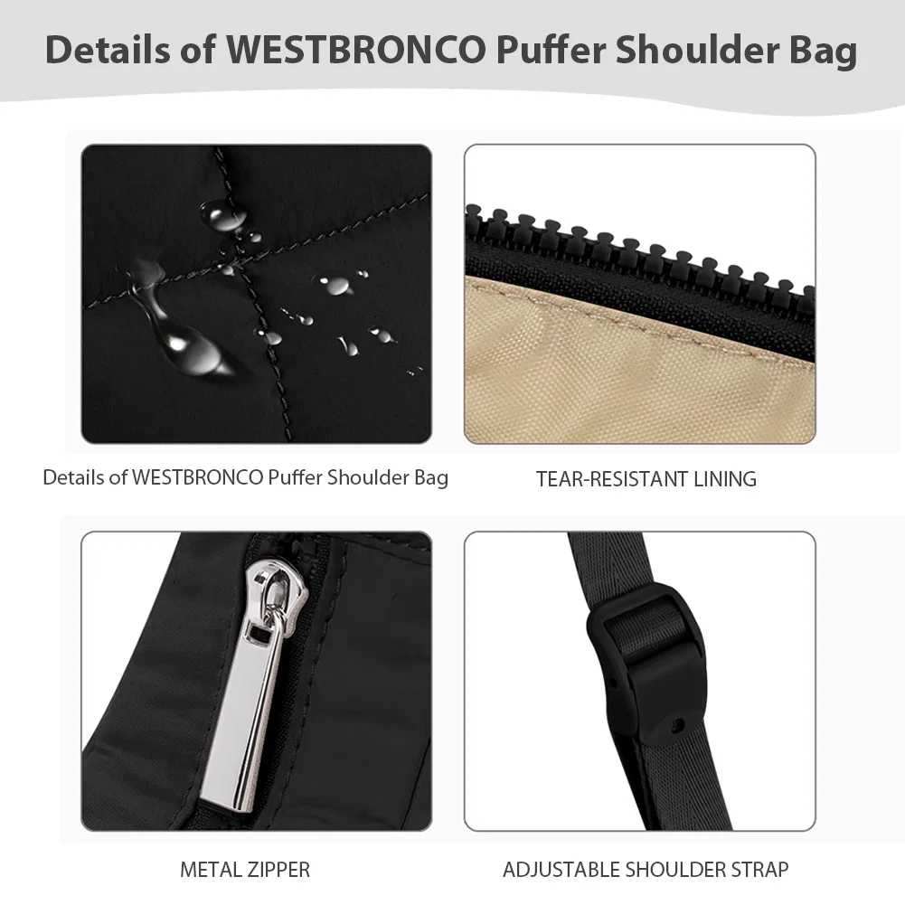 Puffer Crescent Bag for Women Quilted Shoulder Bag Nylon Adjustable Strap Underarm Bag Zipper Handbag for Work Travel