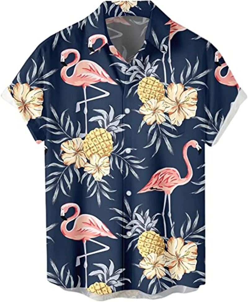 

Flora Flamingo Graphic Shirts for Men Clothing 3D Print Hawaiian Beach Shirts Short Sleeve y2k Tops Vintage Clothes Lapel Blouse