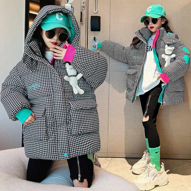 Girls Short Parkas Winter Cotton Jacket Houndstooth Fashion Spliced Hooded children jackets,girls coat,down jacket