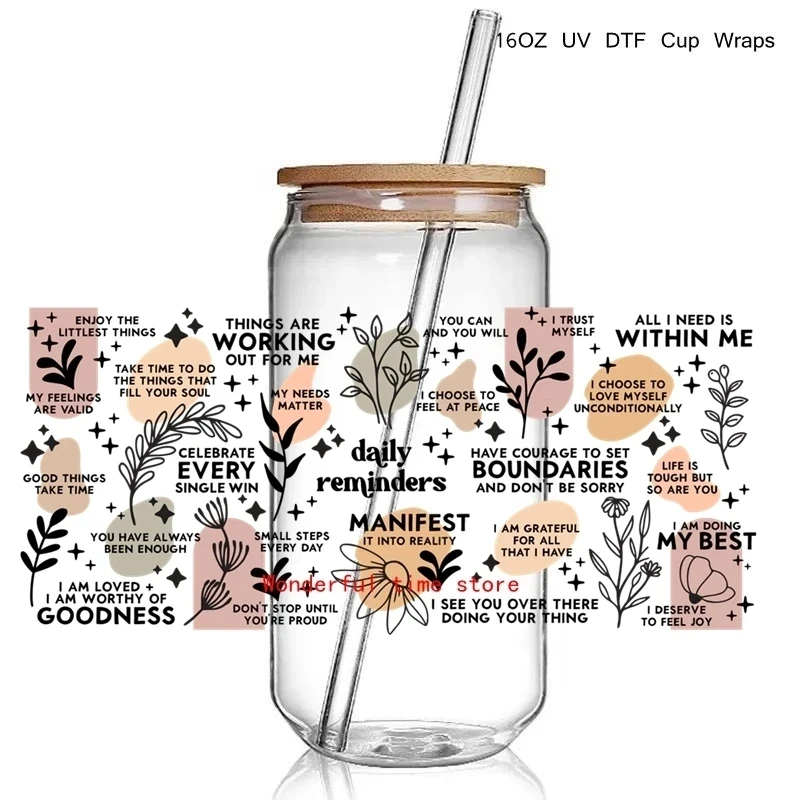 Mental Health Matters 16OZ UV DTF Cup Wrap Transfers Stickers Self Care Affirmation Quotes UV CUp Wraps For Libbey Glass Can