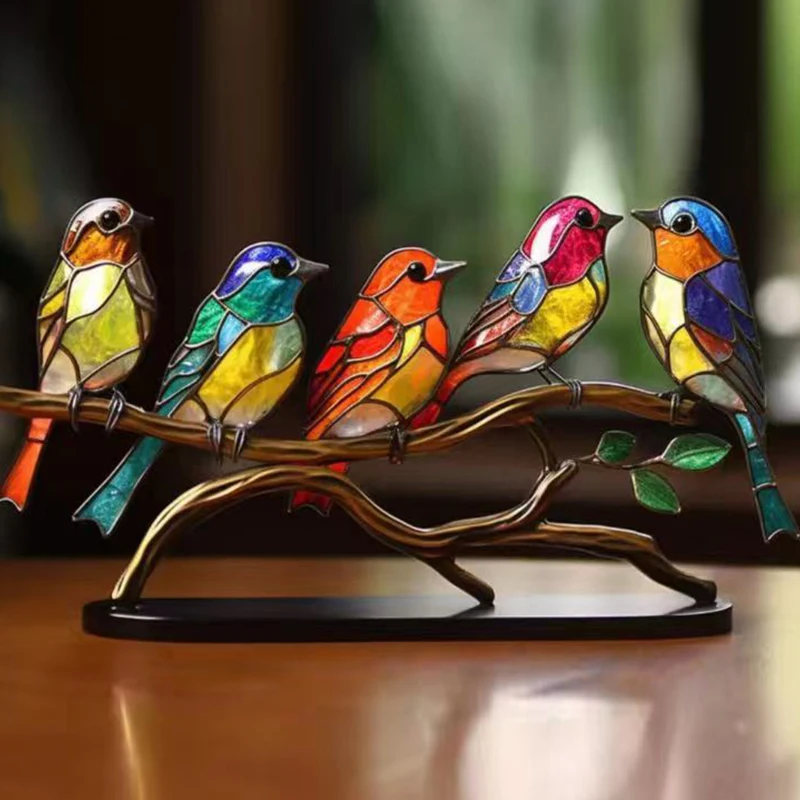 

Stained Birds On Branch Desktop Ornaments Double Sided Colorful Birds Series Animals Shape Iron Art Craft Home Decorations