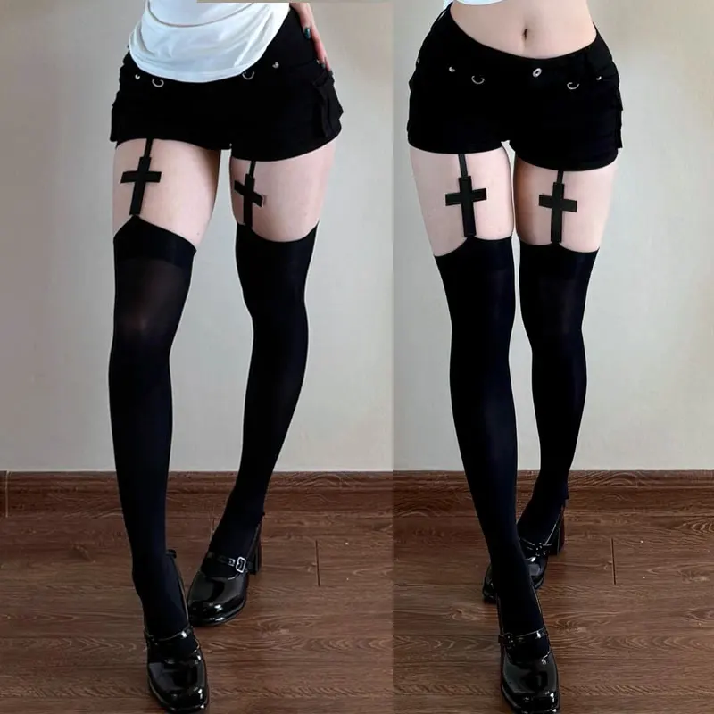 Bas gothiques Gyaru croix pour femmes, bas noirs avec ceinture Sexy, chaussettes de luxe aux genoux, cuissardes blanches, collants Lolita - AliExpress