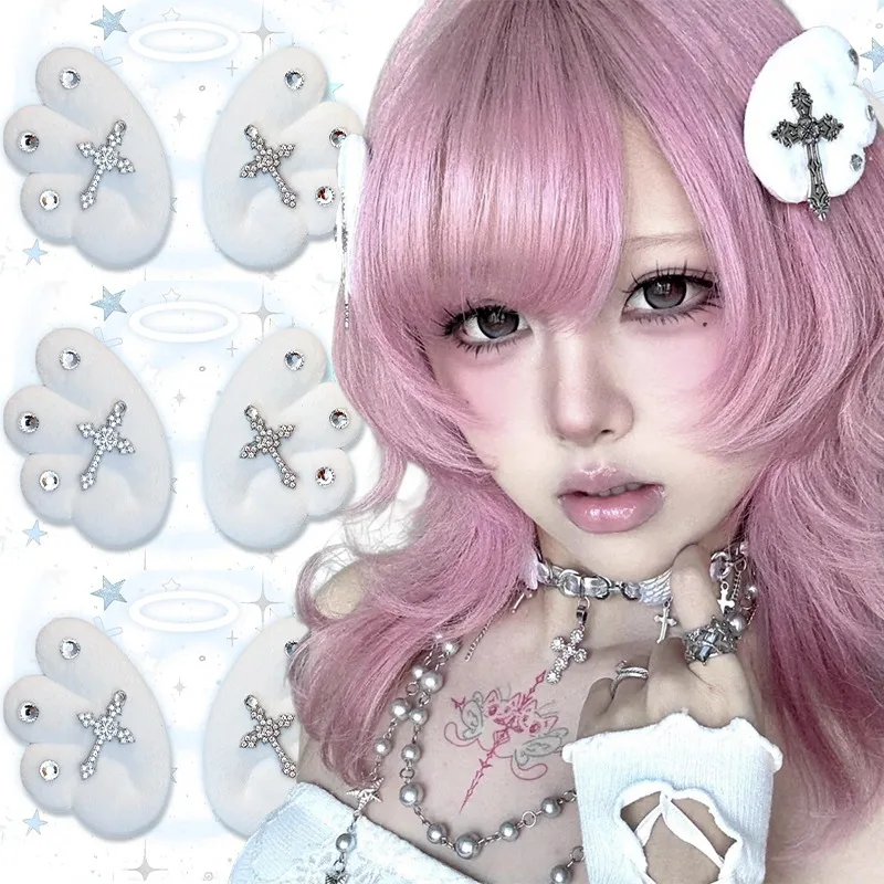 Y2K Sweet Cool Angel Wings Hair Clip Bling Bling Rhinestone Wings Cross Hairclips Women Girls Gothic Barrettes Fashion Headwear