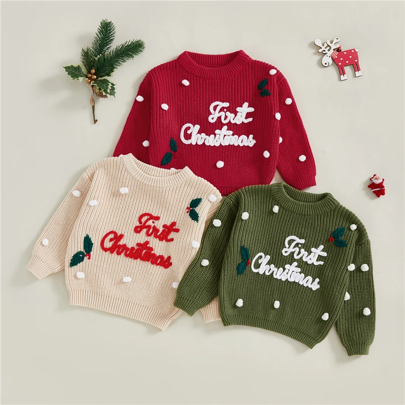 Newborn Baby Boys Girls Christmas Sweaters Long Sleeve Heart Shaped Candy Letter Embroidery Knit Pullovers Infant Jumper Tops
