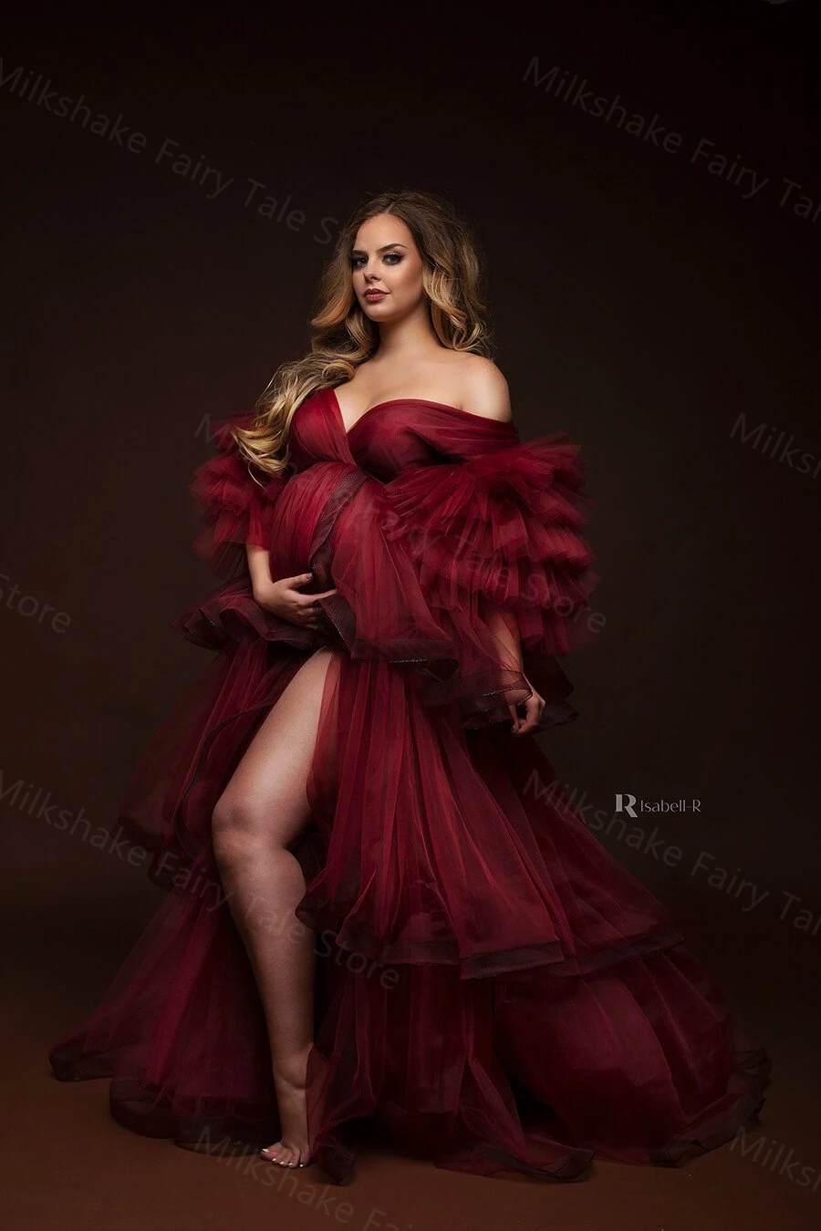 Sexy Burgundy Maternity Dresses A Line V Neck Tiered Pregnant Women Gown for Photoshoot Front Split Tulle Pregnancy Babyshower