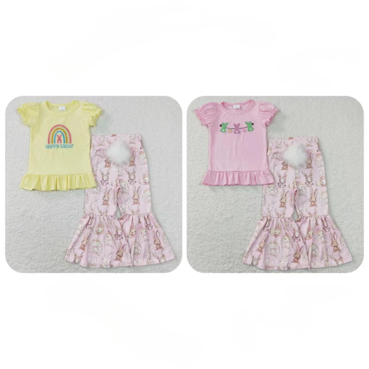 

Wholesale Children Easter Sets Cotton Short Sleeves Shirt Tops Baby Girl Rabbits Pink Bell Pants Toddler Kids Embroidery Outfit