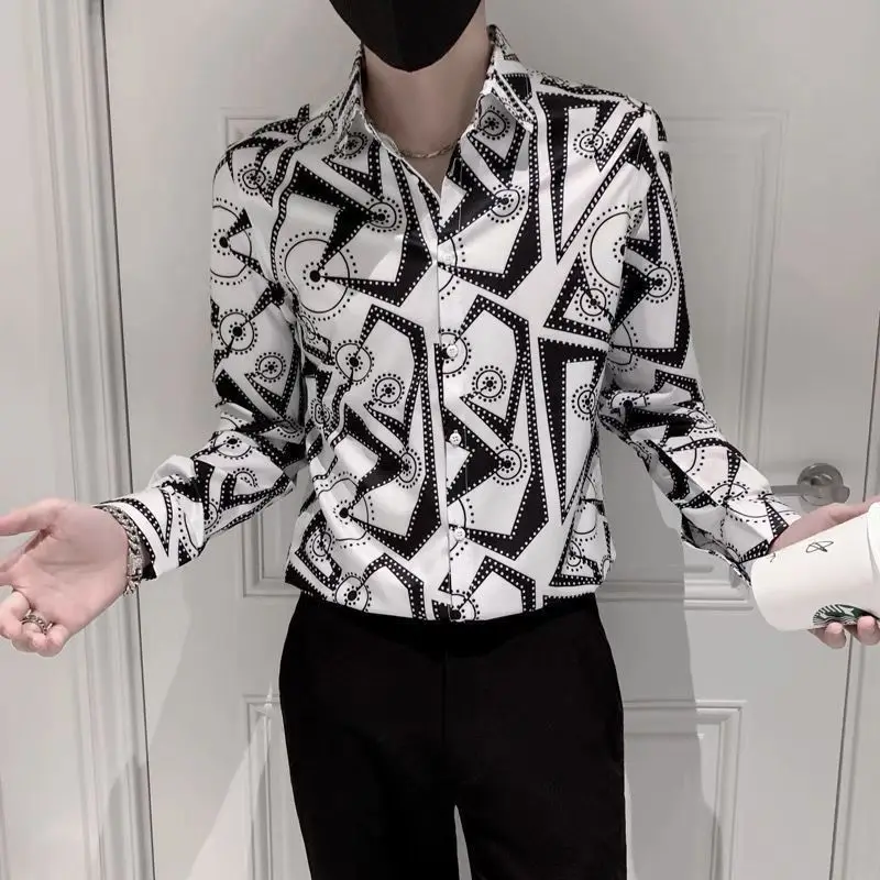 Summer Handsome Elegant Fashion Retro Loose Casual Men's Shirt Print Button Polyester Lapels Long Sleeve Chic Folds Button Tops