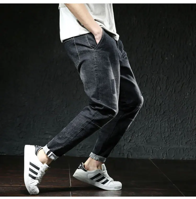 Personality Patchwork Denim Jeans Loose Men's Casual Pencil Pants Men's Stretch Jeans Trousers Brand Blue Stretch cargo jeans for men