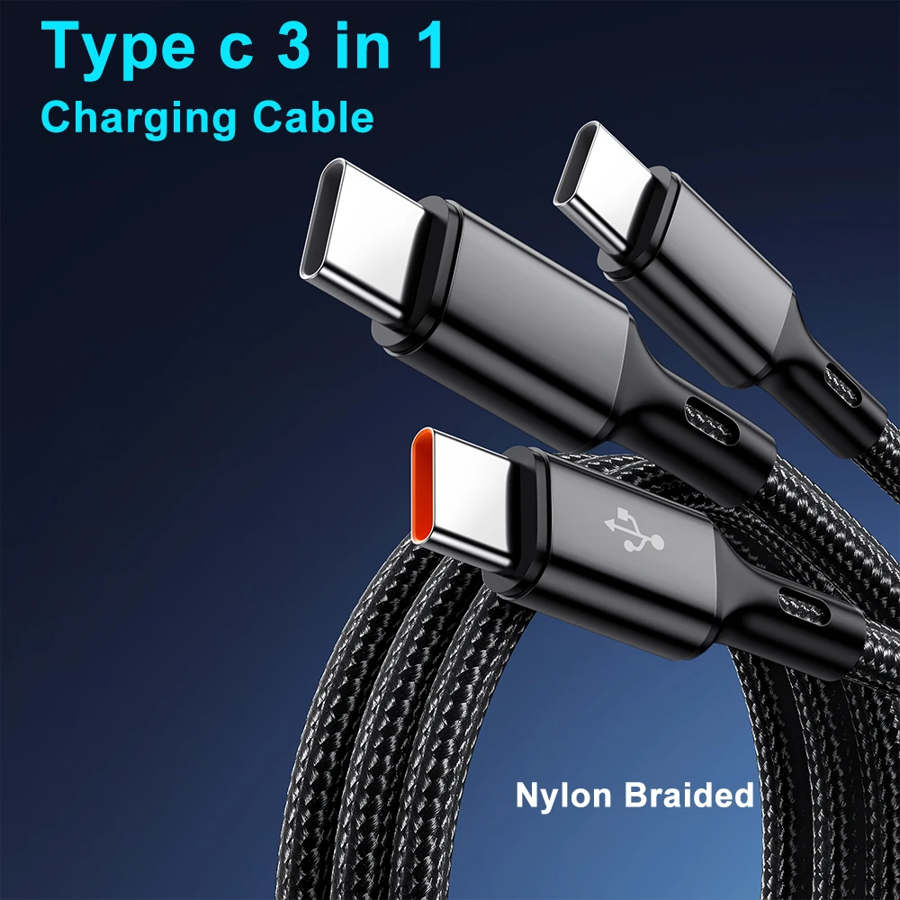 3-in-1 USB-A to 3×Type-C 100W 6A Fast Charging Data Cable For Samsung Galaxy S24 S23 Xiaomi Redmi Huawei 1.2M Nylon Charge Cable