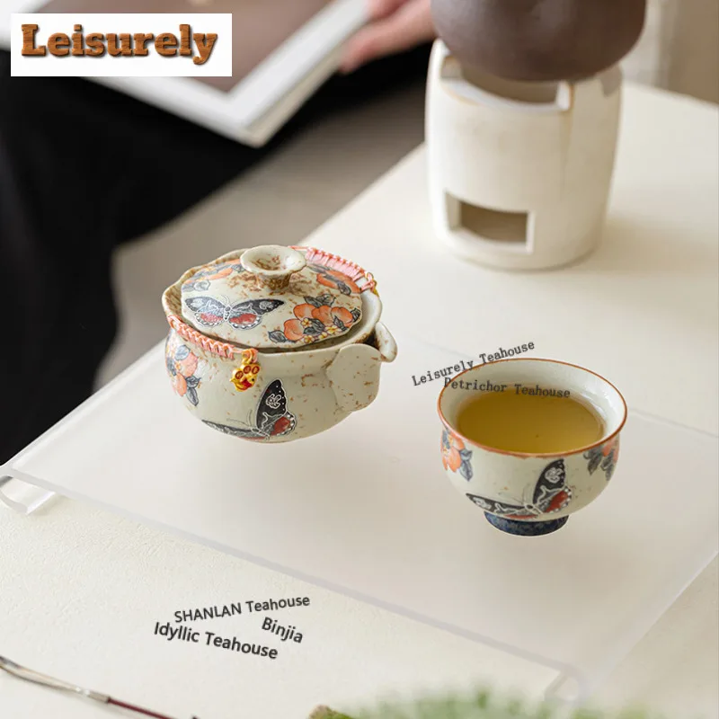 200ml Caramel Glaze Peach Butterfly Handheld Teapot Ancient Tea Infuser Pot Tea Brewing Kettle With Filter Tea Set Ornaments