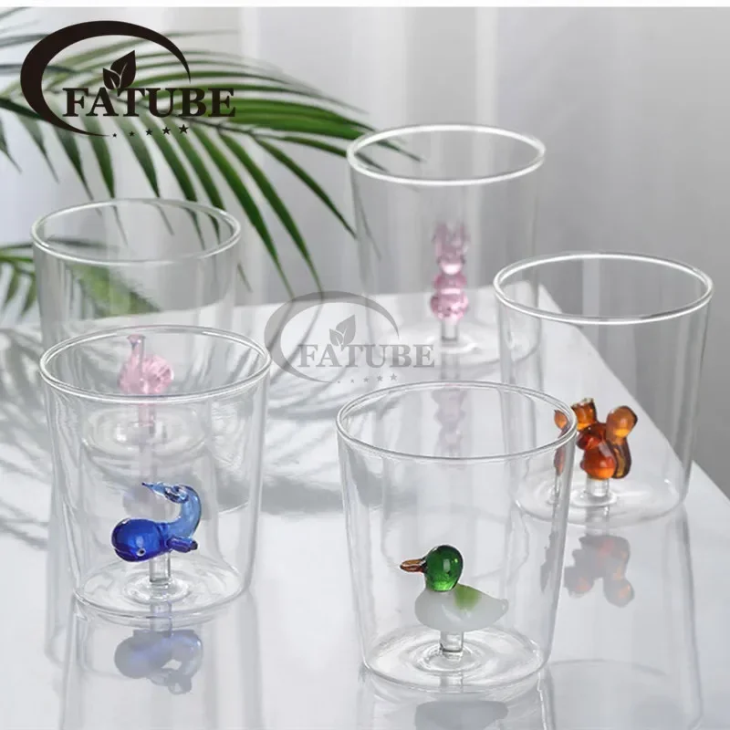Festival Gift Creative Glass Cup 3D Cartoon Animal and Plant Shapes Cute Water Coffee Single Layer Fruit Juice Cold 4PCS FATUBE