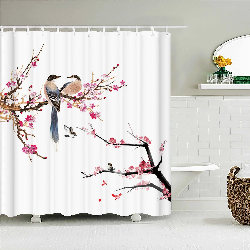 Duschvorhang Mit Blumenmotiv – 180x180 Cm, Wasserdichtes Polyester, Inkl. 12 Haken, Motiv: Vogel & Pflanze