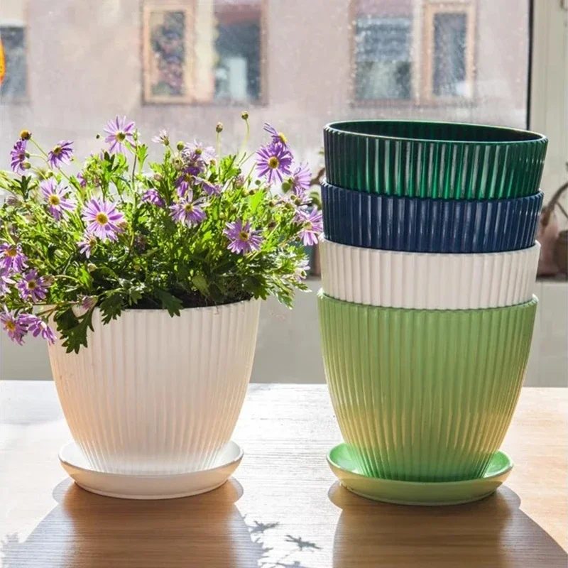 Flower Pot Plastic Flower Pot Succulent Potted Round Pot With Tray Vertical Striped Planters Double Layer Bonsai Home Office Desktop Decor