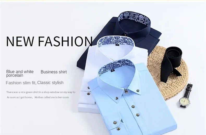 High Quality Men's Shirts with Retro Blue and White Porcelain Collar Long-sleeved Slim Fit Dress Shirts Business Casual Style