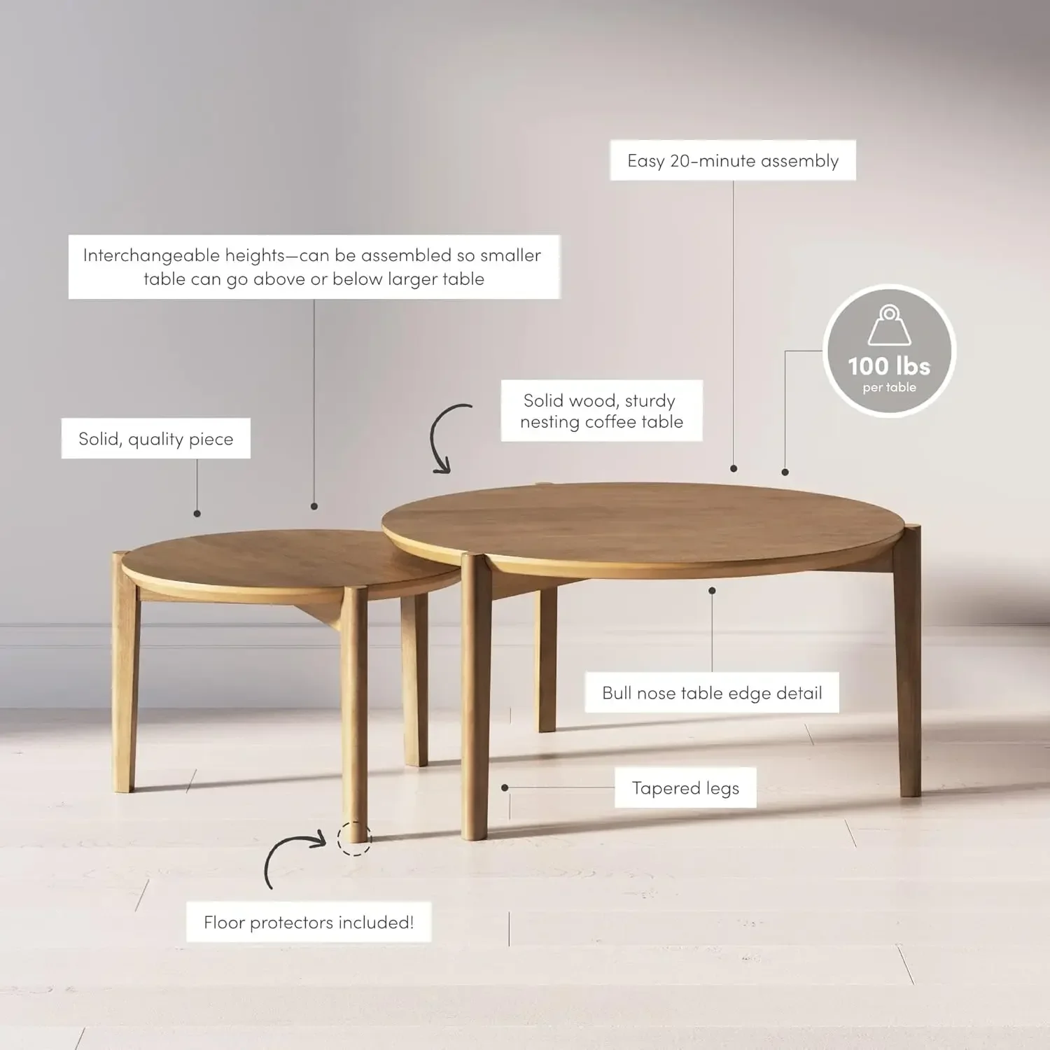 Kendall Round Modern Nesting Coffee Set of 2, Stacking Living Room Accent Tables, Light Brown 4