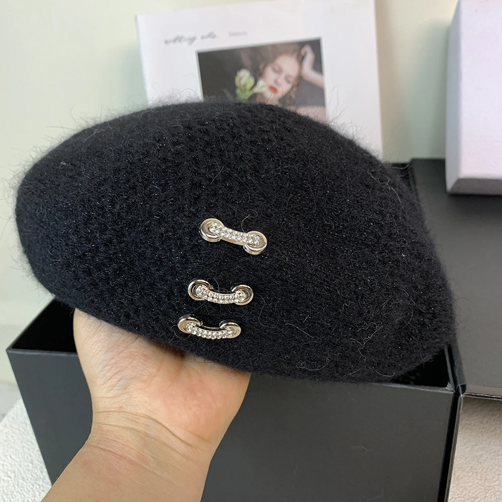 Designer Damen Baskenmütze Echtes Kaninchenfell Strickmütze Winter Warme Mütze Weibliche Baskenmütze Französische Malermütze – Detail 10