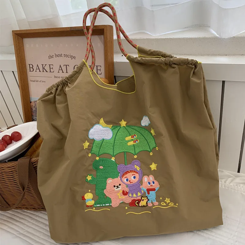 Cute Cartoon Tote Bags Overlarge Embroidery Shoulder Bag Nylon Eco