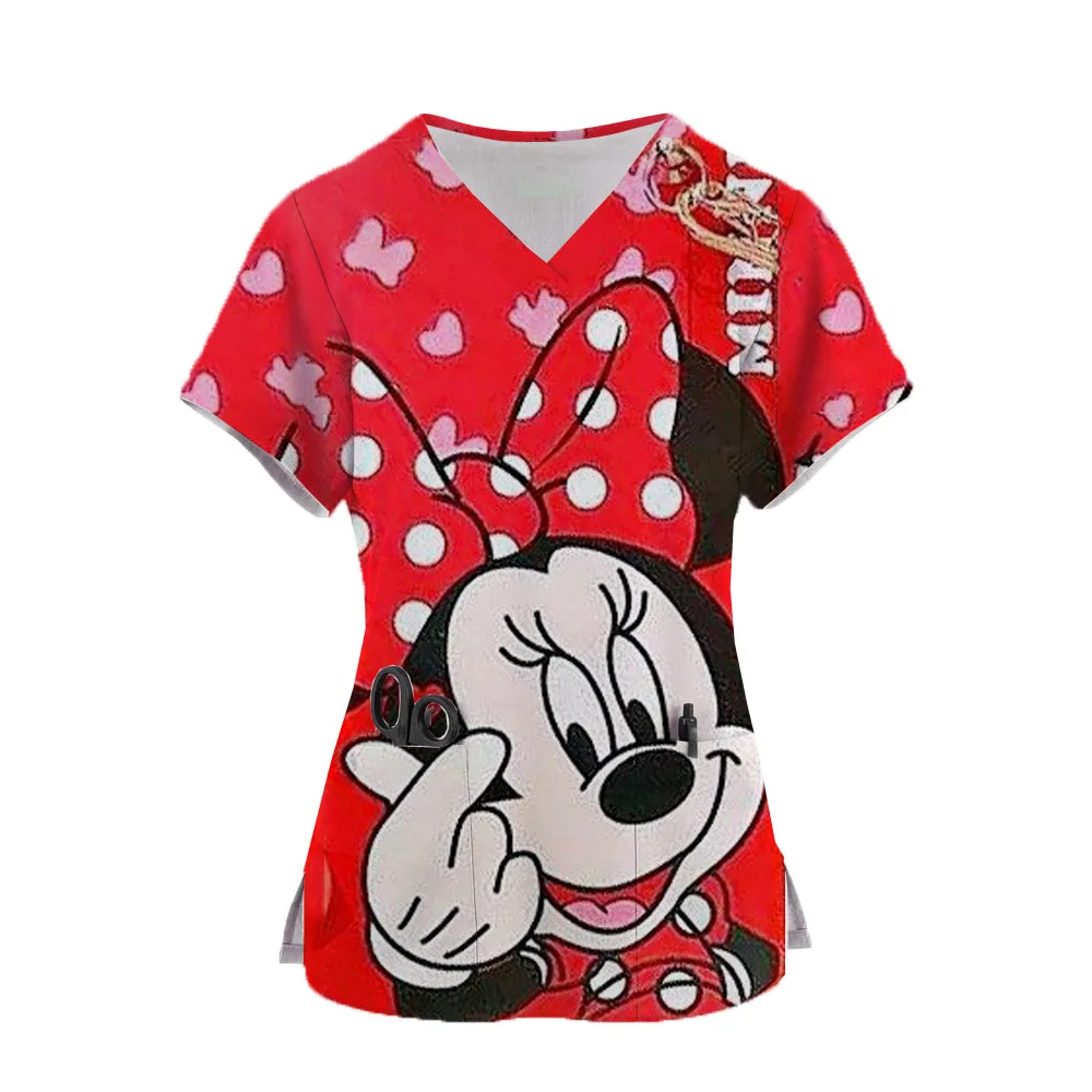 

2024 Minnie Mouse T-shirts V Neck Nurse Uniform Mickey Top Women Pocket Woman Clothes Hospital Summer Tops Disney Tees