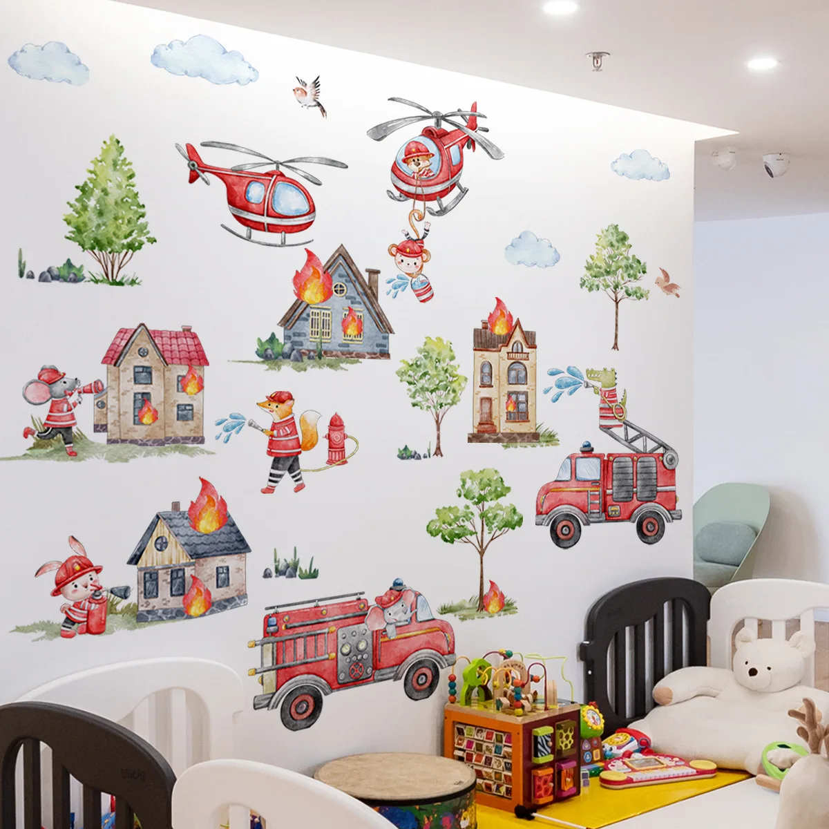 Large Cartoon Fire Truck Rescue Team Wall Sticker Removable Self-adhesive PVC Home Decoration for Living Room Bedroom wall stickers wall sticker
