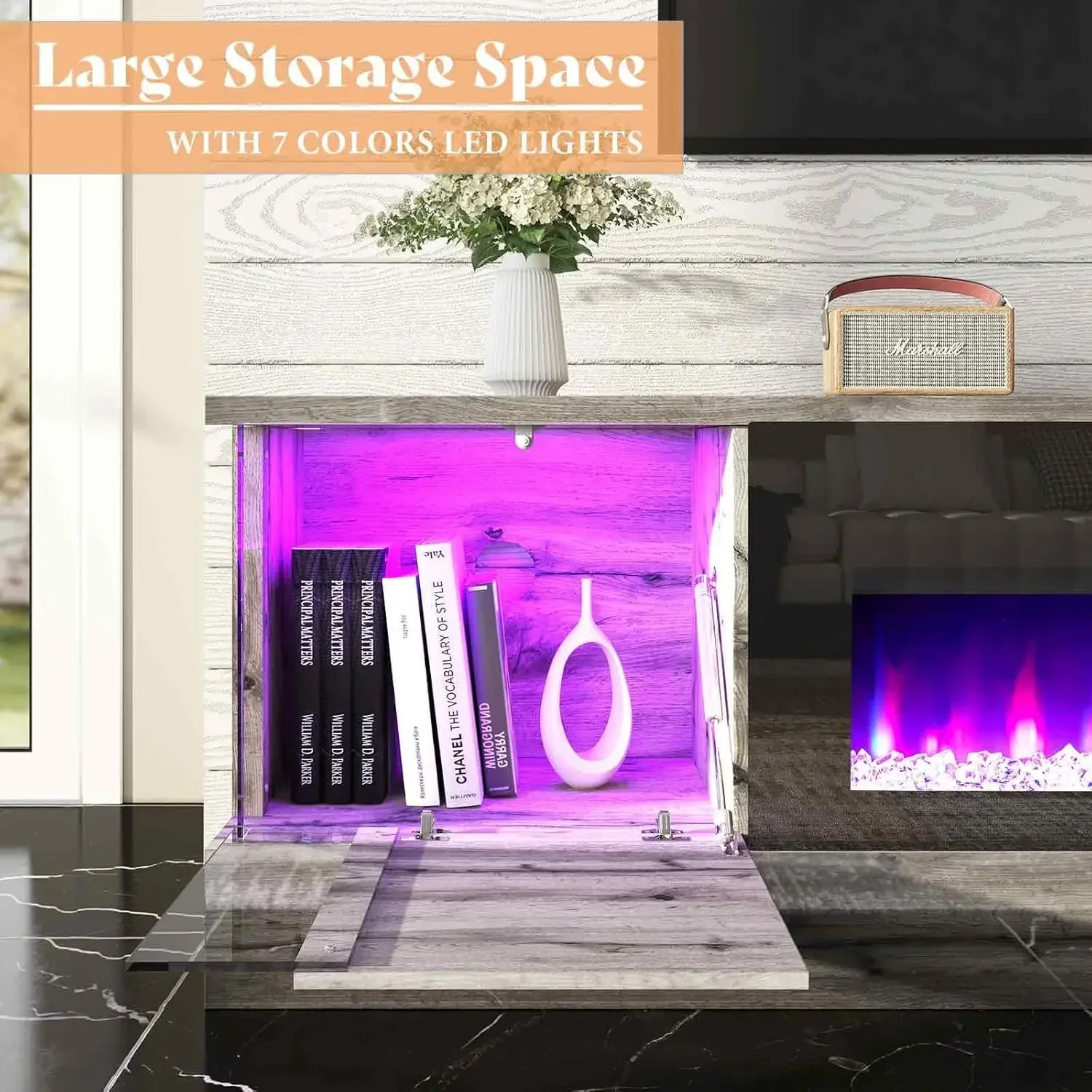 Glossy Oak Fireplace TV Stand with 36" Fireplace, 70" LED Lights Entertainment Center with Flip Doors & Corner Glass Decor 3