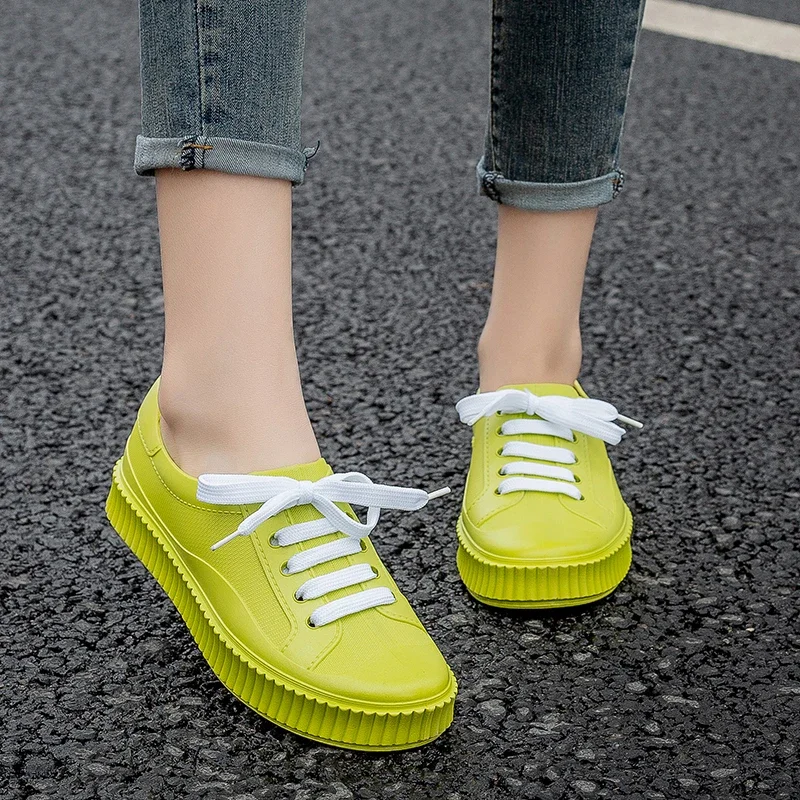 Bright Color Low Top Rain Boots Woman White Laced Up Water Shoes Nice Women's Galoshes Female Waterproof Rainshoes Rain Loafers