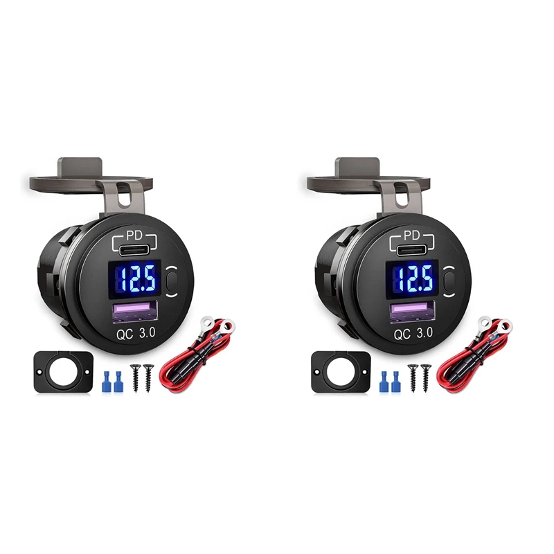 

2X Car Dual USB Charger Quick Charge QC 3.0 & PD USB Charger Socket Adapter With Switch Voltmeter For Trucks